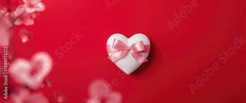 Red background featuring a white heart with a pink satin bow, perfect for Valentine's Day, Women's Day, and Mother's Day celebrations