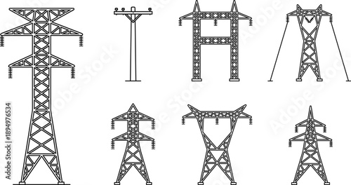Set of seven distinct black and white line art illustrations of electricity pylons power line tower transmission tower