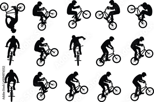Freestyle BMX trick sequence silhouettes showing extreme sports cyclist action poses isolated on white background vector illustration collection training motion design set