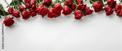 Beautiful red roses displayed on a white background from above
