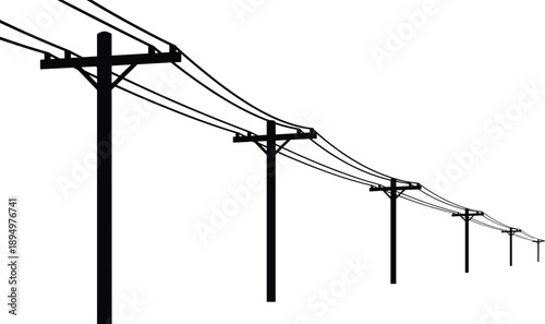 Silhouette of a row of electricity poles with power lines stretching into the distance Keywords: electricity poles, power lines