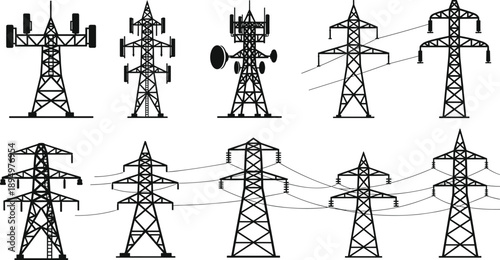 Silhouettes of various electricity pylons and communication towers power tower transmission tower