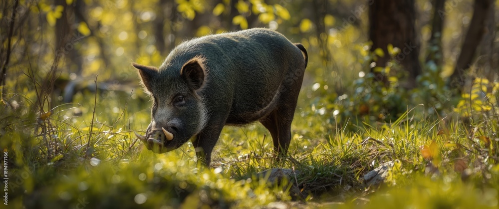 Obraz premium Boar in the wild: natural habitat, wild pig, forest, grass, spring, light, animal, green, woodland