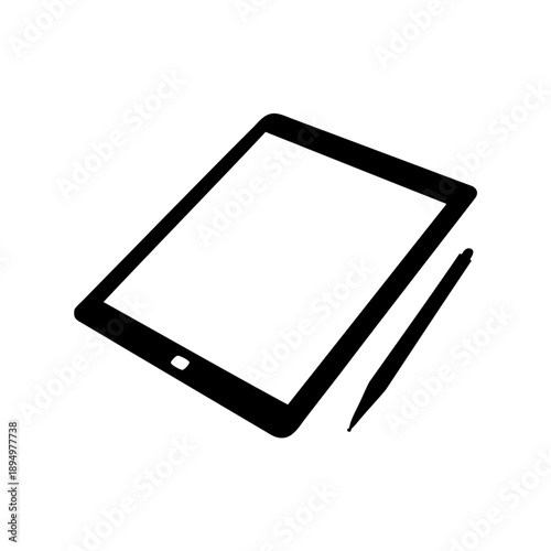 Simple graphic illustration of a tablet with stylus on white background