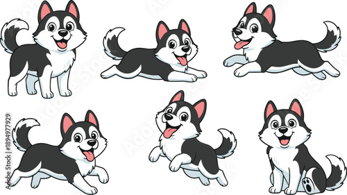 Cute cartoon husky dog set in playful poses running jumping and sitting for pet illustration design