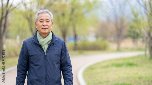 Senior Asian man walking in a park during spring. Portrait of an active elderly male standing outdoors on a path. Healthy retirement lifestyle with copy space