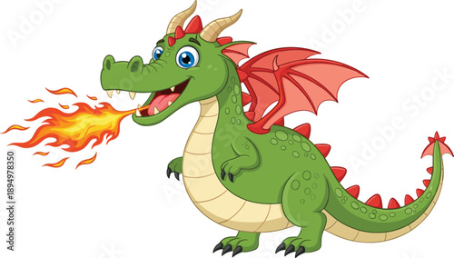 Cute green cartoon dragon breathing fire with wings for fantasy fairy tale and mythical creature illustration design