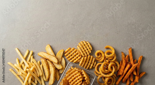 Assorted French Fries Variety with Waffle and Curly Fries Border
