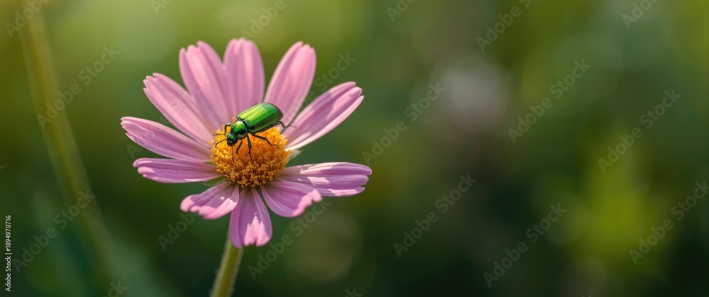 Fototapeta premium Crawling Beetle on the Center of Prairie Fleabane Flower