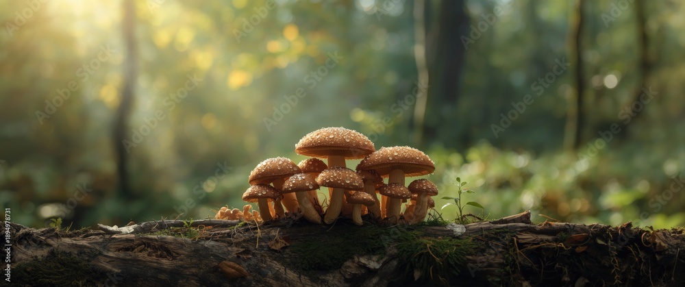 Fototapeta premium Organic wild shiitake mushrooms in various sizes, macro photograph showcasing natural beauty