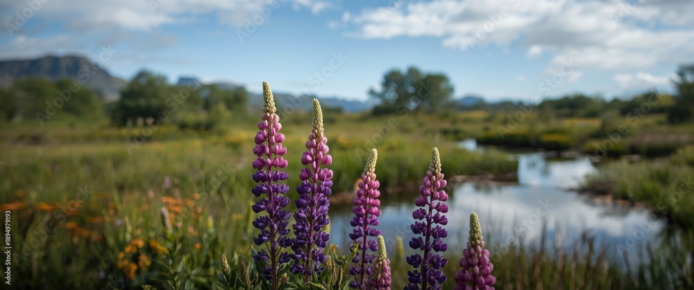 Obraz premium Peat Bog with Lupines Outside Ushuaia in Tierra del Fuego, Argentina