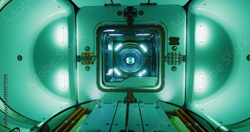 Obraz na plátně glowing circular chamber with central hatch and soft green illumination, clean p