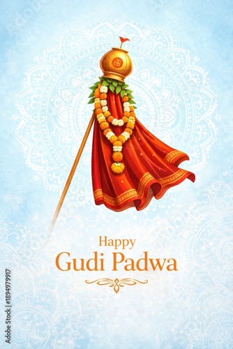 Vibrant Gudi Padwa celebration with traditional Indian flag and flowers