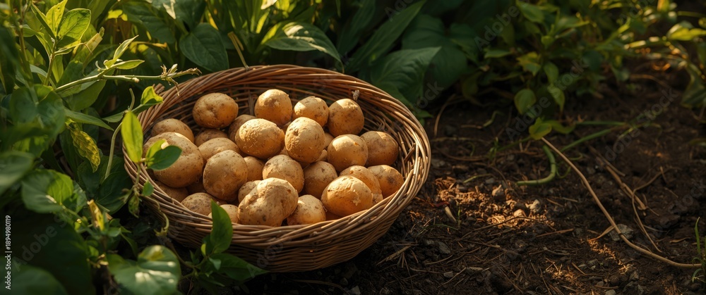 Fototapeta premium Ground-Level View of Fresh Potatoes in Wooden Wicker Basket