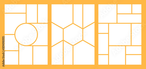 Photo frame collage. Blank grid frames for wall gallery, scrapbook picture album design with border, horizontal picture album or montage layout mockup. Vector set