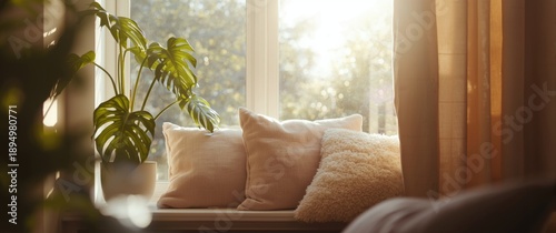 Monstera and pillows on a c...