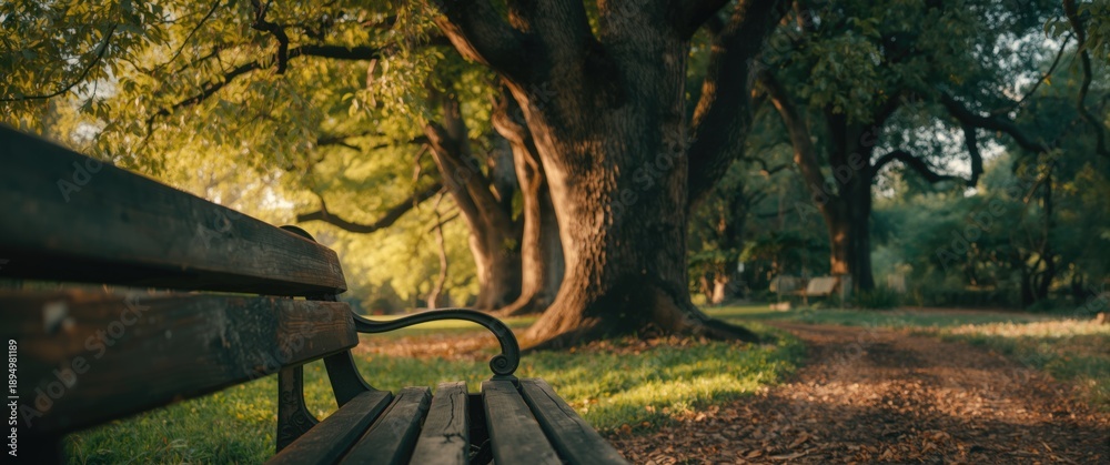 Obraz premium Near view of a bench amid trees