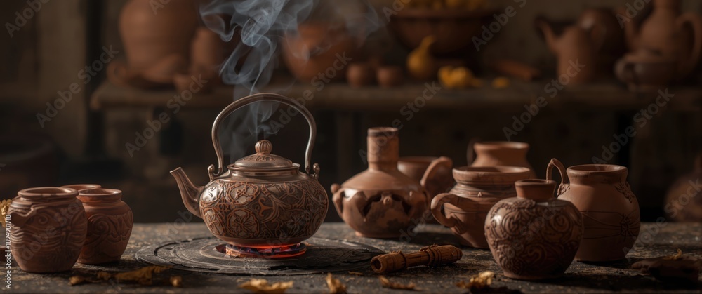 Fototapeta premium Set of Mud Pots with a Tea Kettle Placed on a Hot Coal Stove