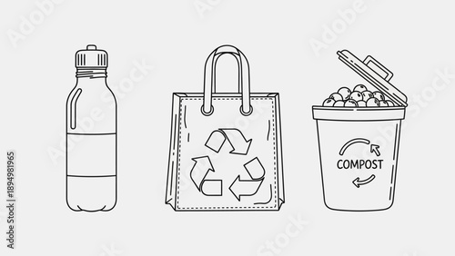 Reusable Water Bottle and Recycling Symbols.