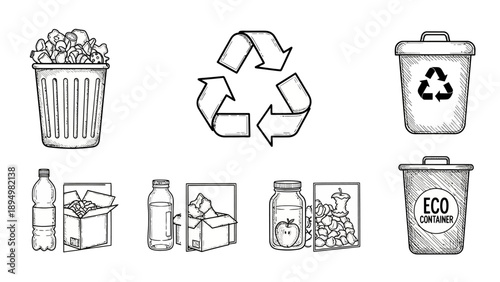 Recycling Symbols and Eco Friendly Containers.