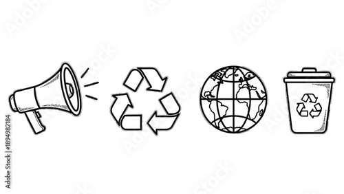 Recycling Symbols Megaphone Earth Trash Can.