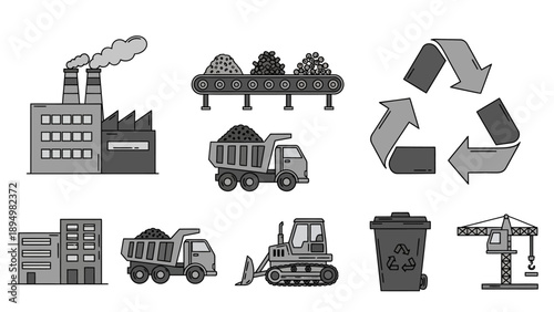 Waste Management Icons in Monochrome Illustration.
