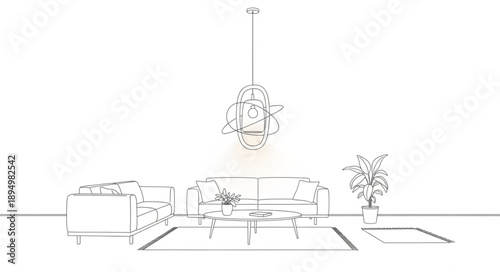 Modern Living Room Sketch with Sofa and Plant.