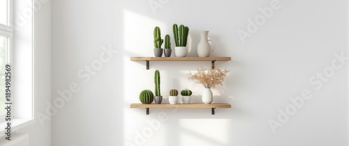 Wooden shelf with cacti in ...