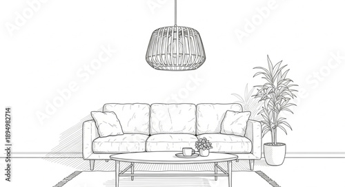 Modern living room sketch with sofa and plant.