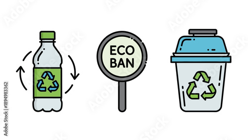 Recycling Symbols on Plastic Bottle and Bin.
