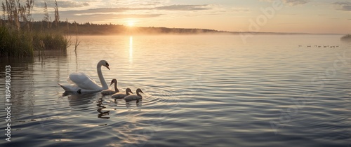White swan family by the Ba...