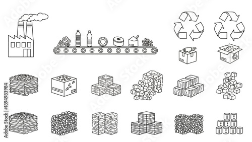 Recycling Process with Cardboard Boxes and Factory.