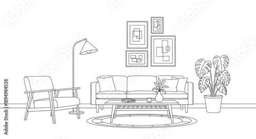 Modern Living Room Sketch with Furniture and Decor.