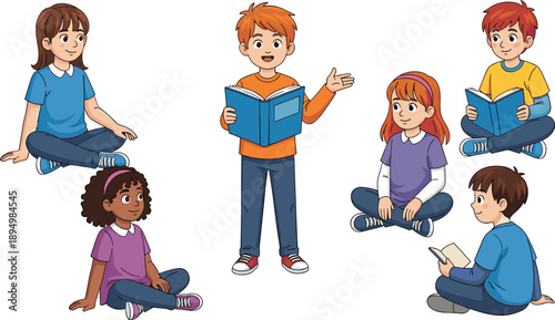 Children reading books illustration, kids listening storytelling activity, classroom learning education concept, happy students cartoon characters, colorful flat vector isolated