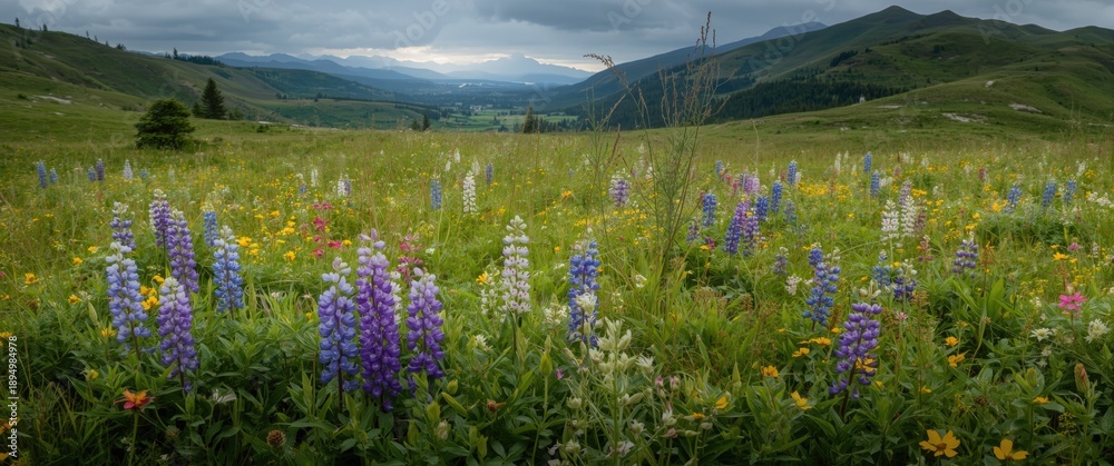 Fototapeta premium Wildflowers at Heliotrope Ridge: August Blooms of Lupine, Indian Paintbrush, and Yellow Asters