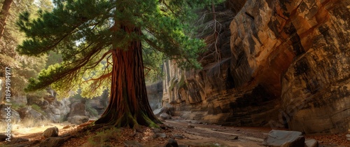 A cedar tree growing successfully in a ravine