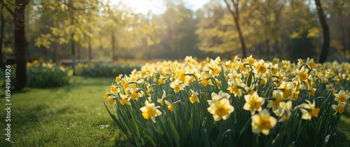 Snapshot of a colorful daffodil field bathed in sunlight in a natural setting