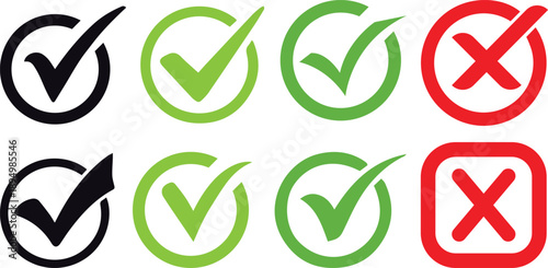 Check mark icon button set. Check box icon with right and wrong buttons and yes or no checkmark icons in green tick box and red cross.Green Tick and Confirm Icon set Vector Design