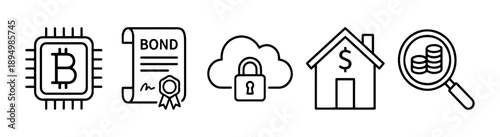 Vector line art illustration of a diversified investment portfolio with cryptocurrency, bonds, cloud data security, real estate, and analysis icons.