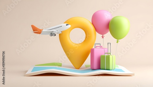 Modern travel concept illustration with airplane, location pin, and luggage representing booking and global journeys