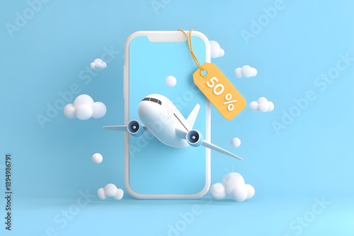 Mobile travel booking concept with airplane and luggage emerging from a smartphone screen