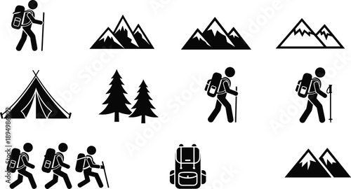 Hiking and camping icons set, mountains, backpacker, tent, forest, trekking symbols, outdoor adventure, travel, silhouette vector illustration, isolated minimalist designHiking,  