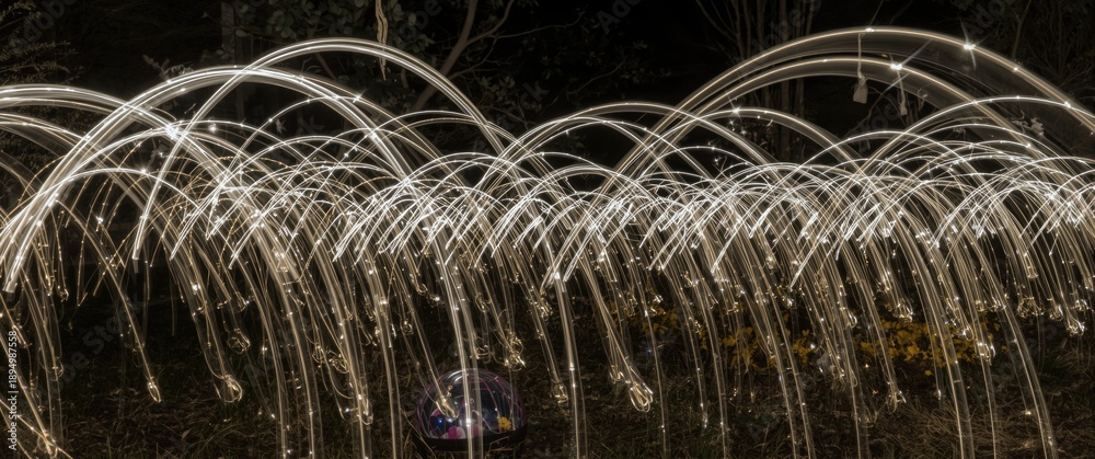 Fototapeta premium Night Scene of Overlapping Light Trails Like Fishhooks in an Ornamental Garden Decorated for Holidays, Long Exposure and Motion Blur, Light Painting Photography