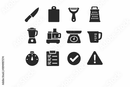 Kitchen utensils and appliances icons: knife, grater, blender, scale, timer, checklist