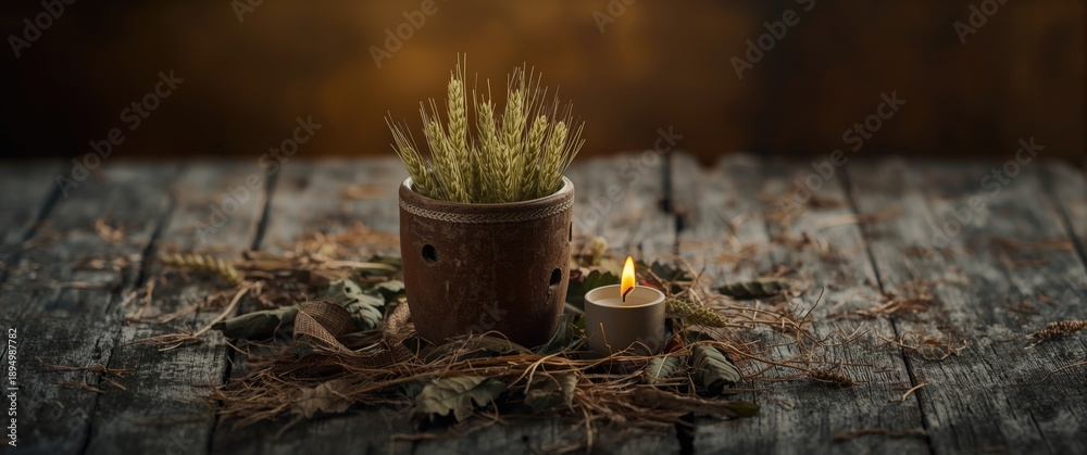 Naklejka premium Cup of green wheat with burning candle, oak leaves and straw on a wooden table for Orthodox Christmas celebration