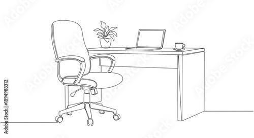 Office desk with chair and laptop sketch.
