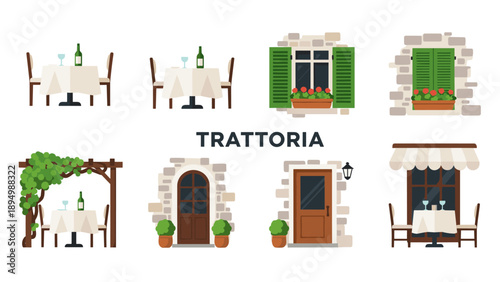 Charming Italian Trattoria elements including tables, windows, doors, and pergola