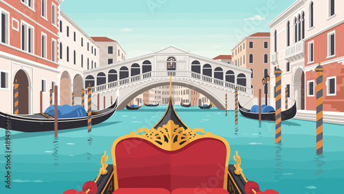 Venice canal scene with gondolas and Rialto bridge in a flat illustration style