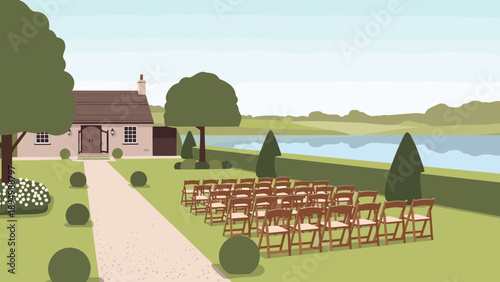 Outdoor wedding ceremony setup with chairs arranged in rows facing a house and lake
