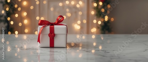 Gift box featuring a red ribbon and felt heart on a marble surface, set against glowing garland lights for Valentine's Day